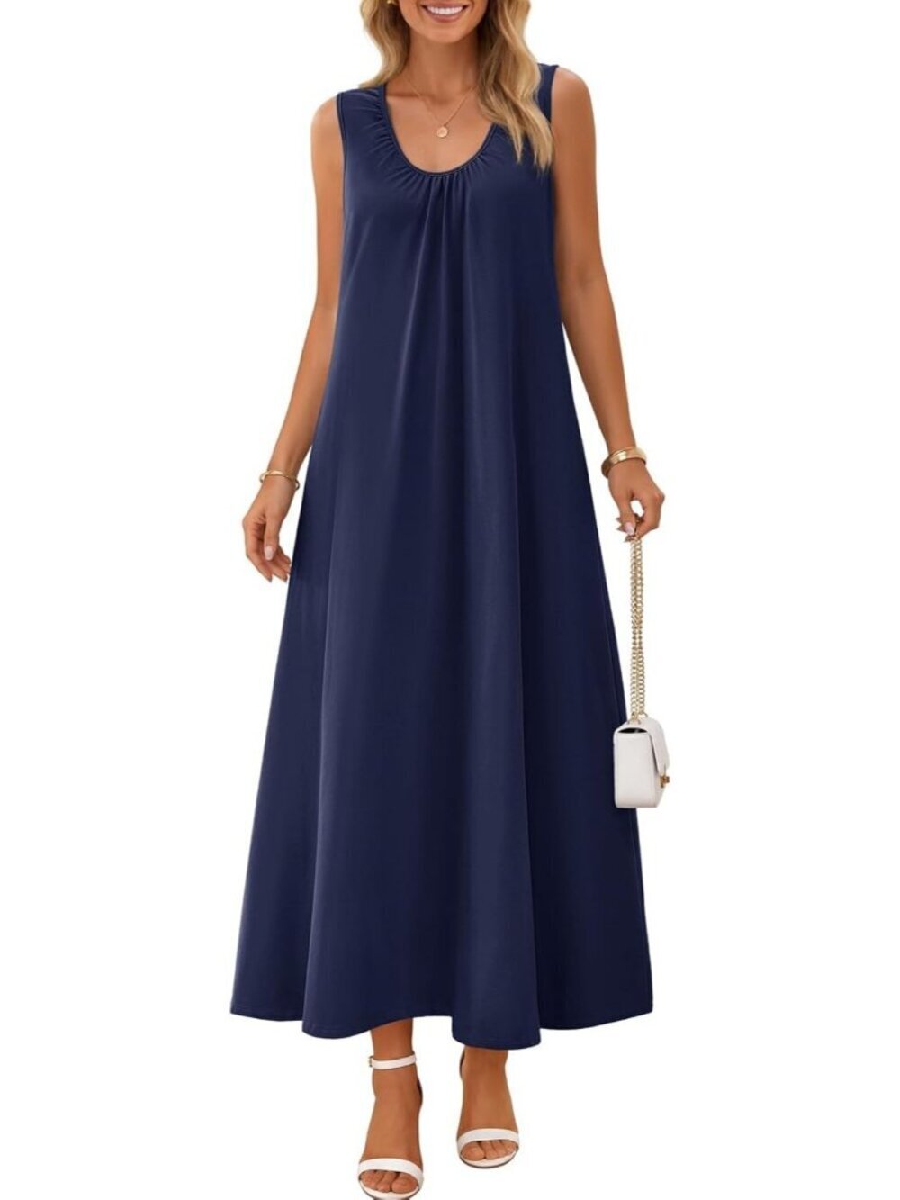 Women's Navy Sundresses Ruch Beach Summer Sleeveless Loose Tank Maxi Dress